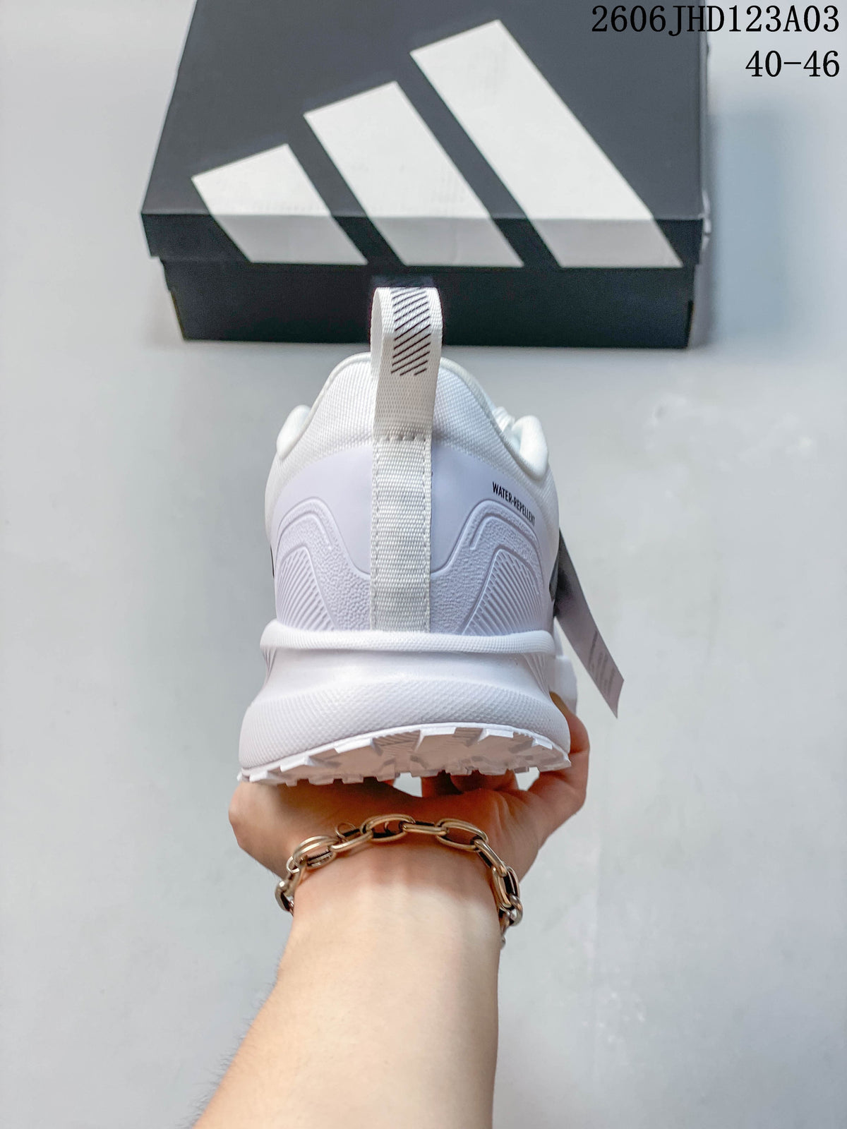 Rear view of a white sneaker showing its heel and pull tab