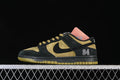 Side view of a black and brown-gold low-top Dunk sneaker with a Swoosh and 94 heel graphic