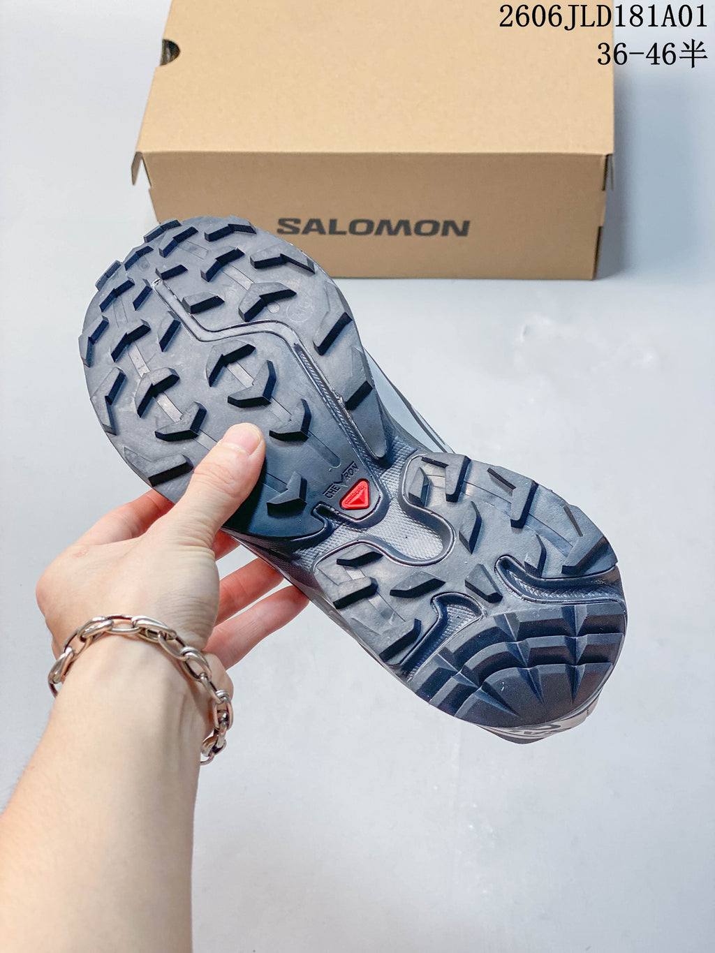 Close-up of the Salomon sneaker outsole with pronounced tread
