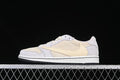 Side view of a light neutral and cream low-top Air Jordan 1 sneaker