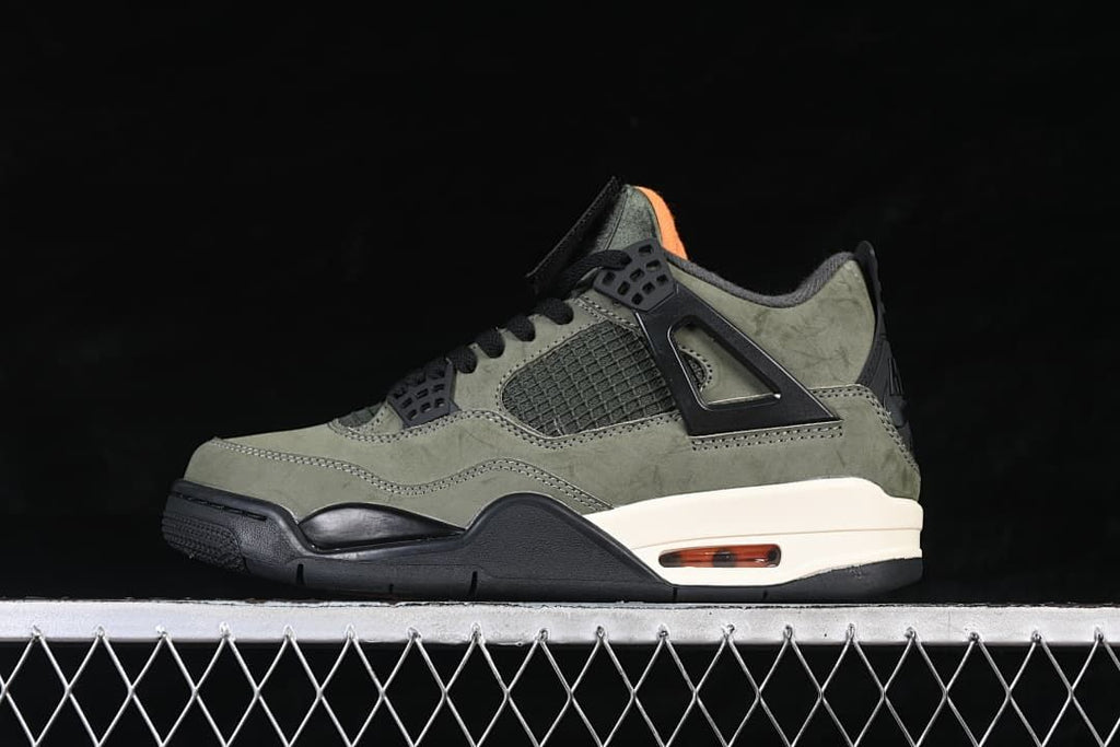 Side profile of an olive-green and black Jordan 4 sneaker with a cream midsole and orange accents