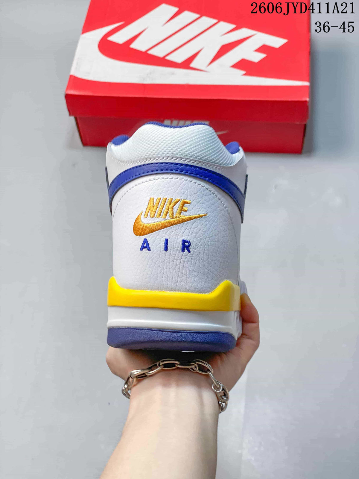 Rear view showing the white heel, blue trim, yellow accent and AIR lettering