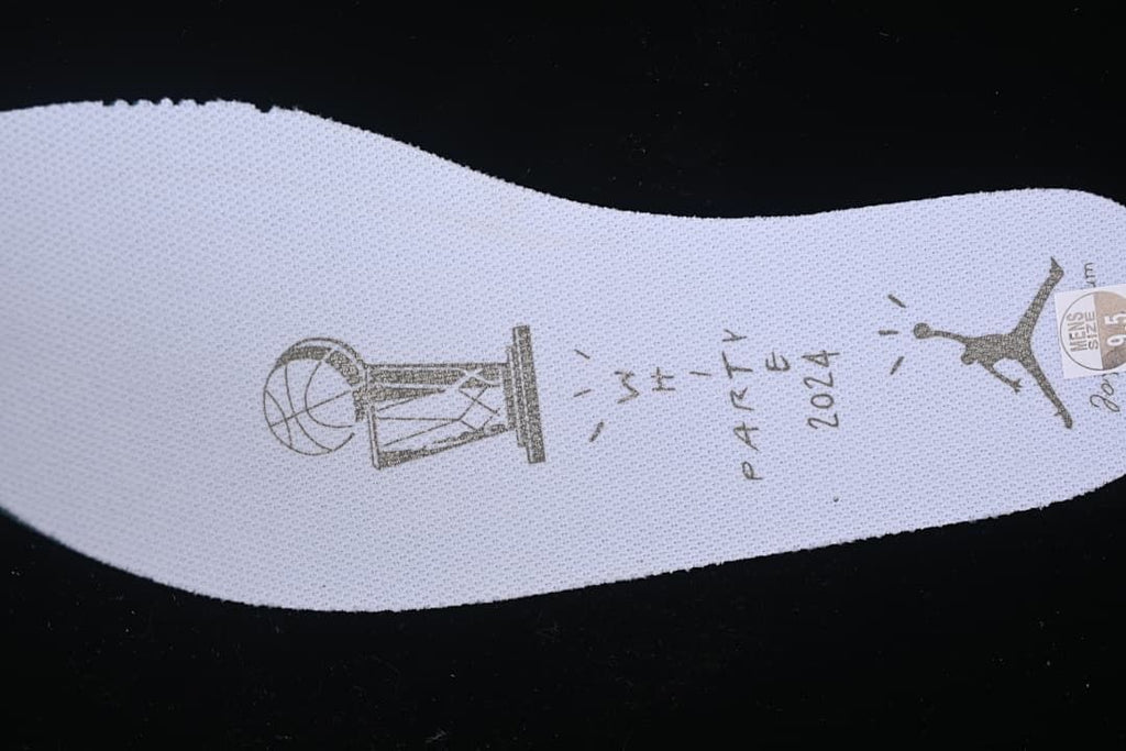 Close-up of a white insole with printed graphics and a size label