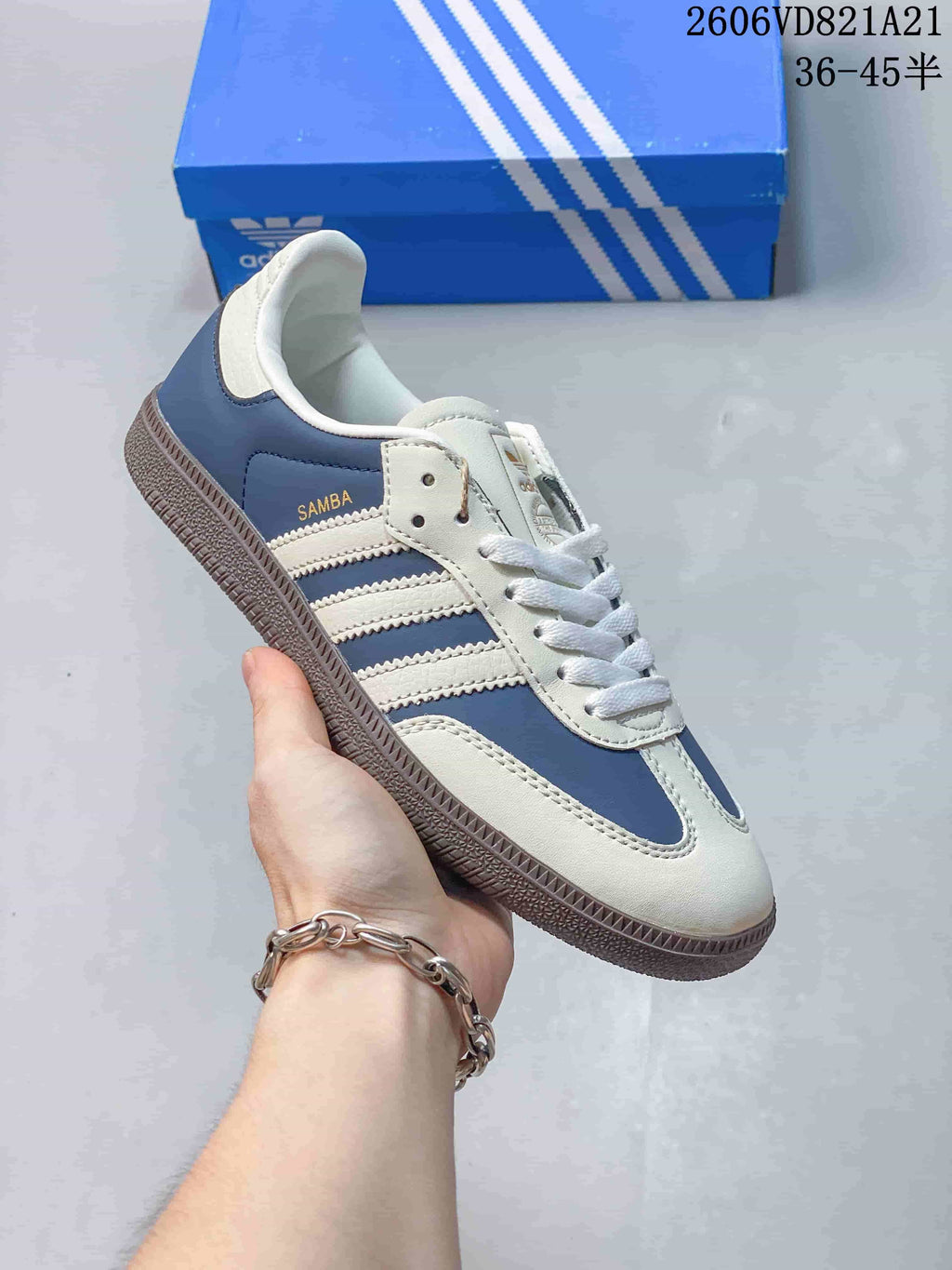 Angled view showing the Samba lettering, three stripes, and gum-tone outsole