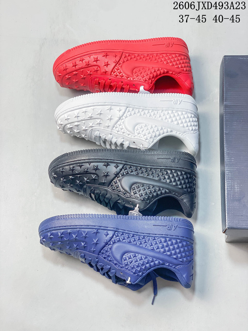 Side views of the red, white, charcoal gray, and blue sneaker colorways