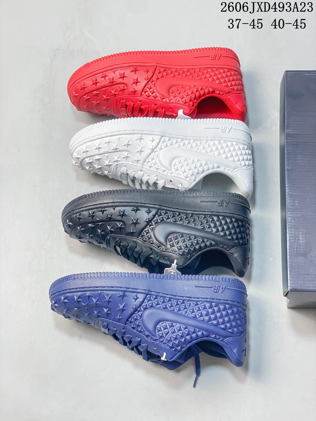Side views of the red, white, charcoal gray, and blue sneaker colorways