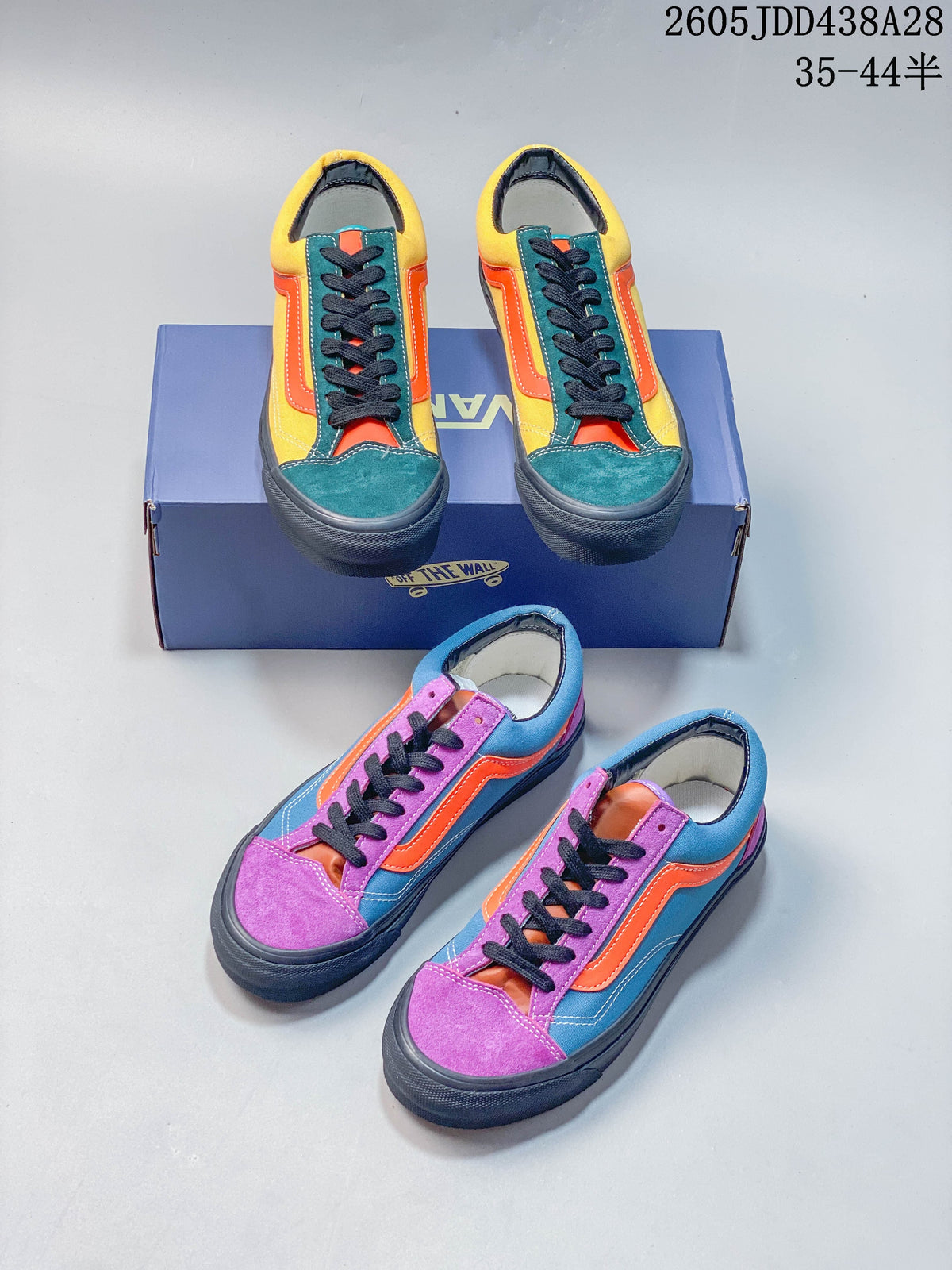 Two colorways of Vans OTW Old Skool 36 sneakers, yellow and teal with orange accents and blue and pink with orange accents.