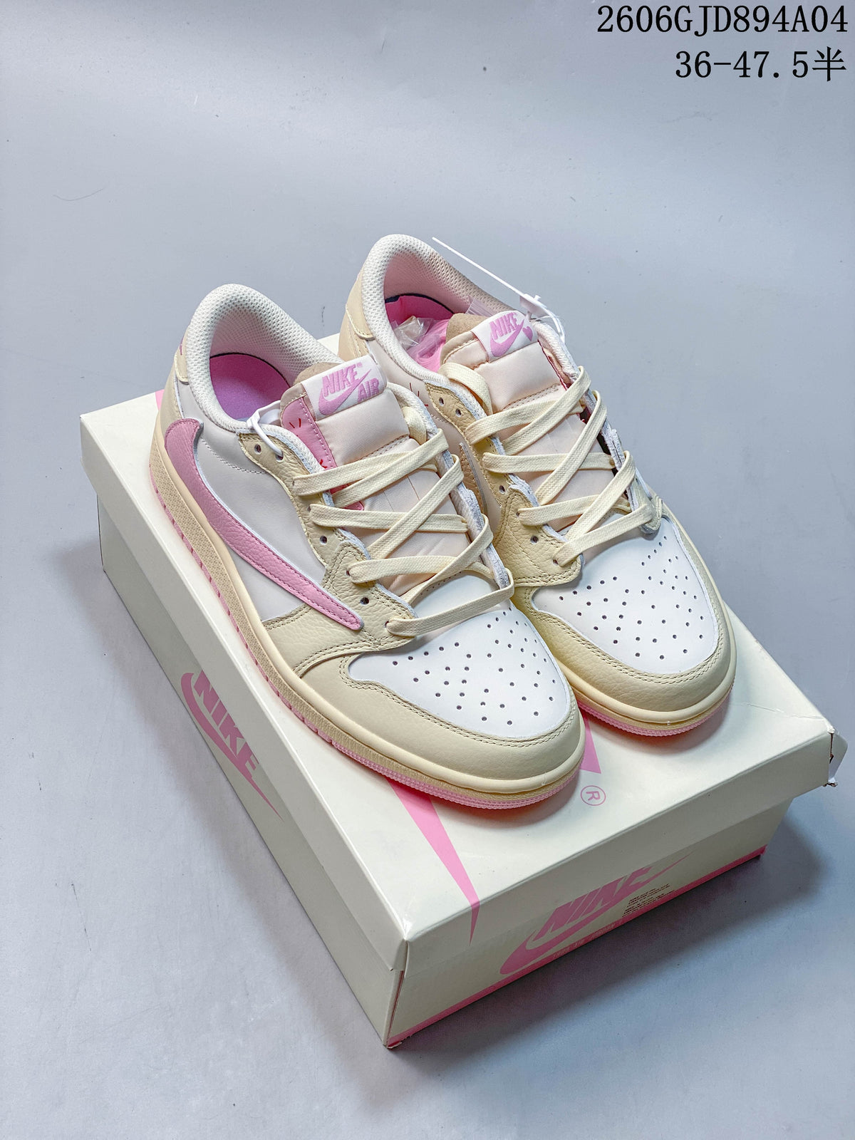 Pair of cream, white, and pink low-top sneakers with perforated toe boxes