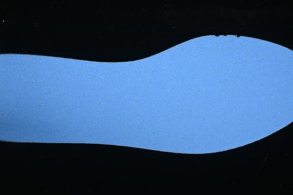 Blue shoe insole viewed from above.