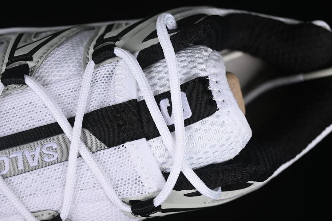Close-up of the white laces and mesh tongue.