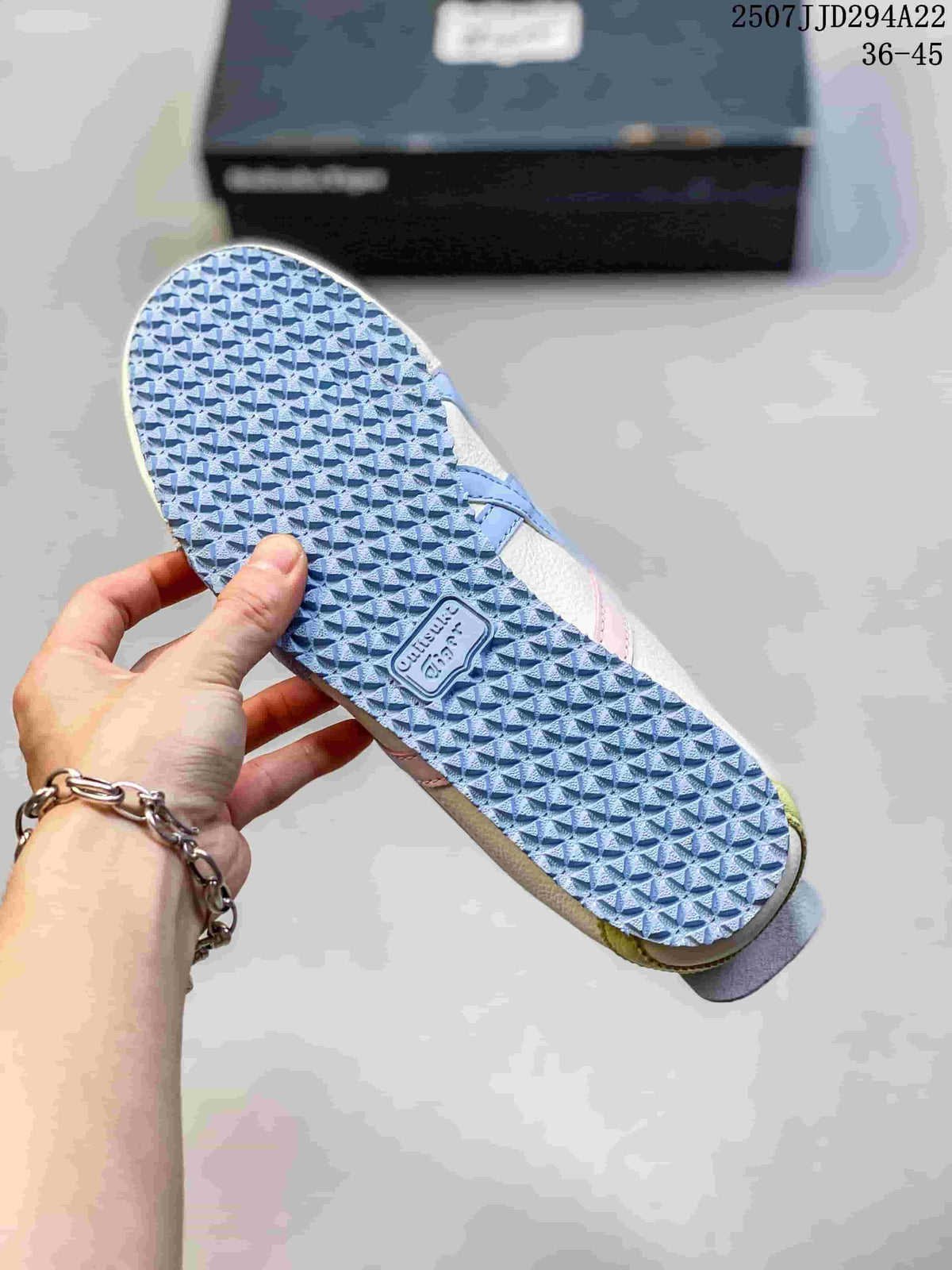 Close-up of the blue patterned outsole of an Onitsuka Tiger sneaker