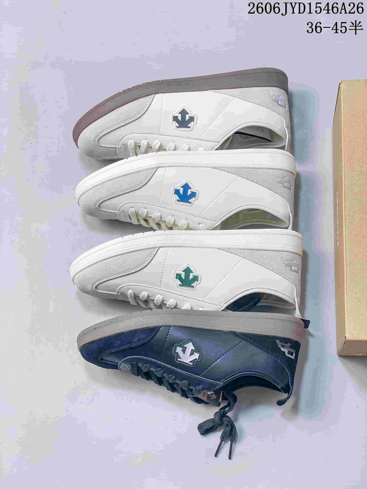 Four Descente low-top sneaker colorways arranged side by side.