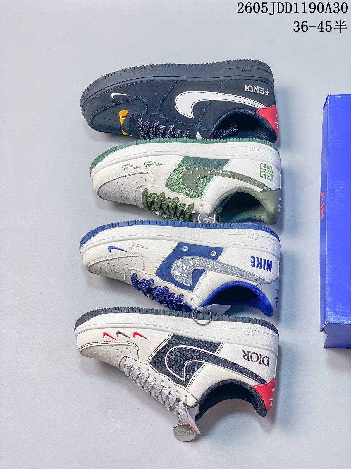 Four low-top sneakers displayed in white, blue, green, and dark color variations