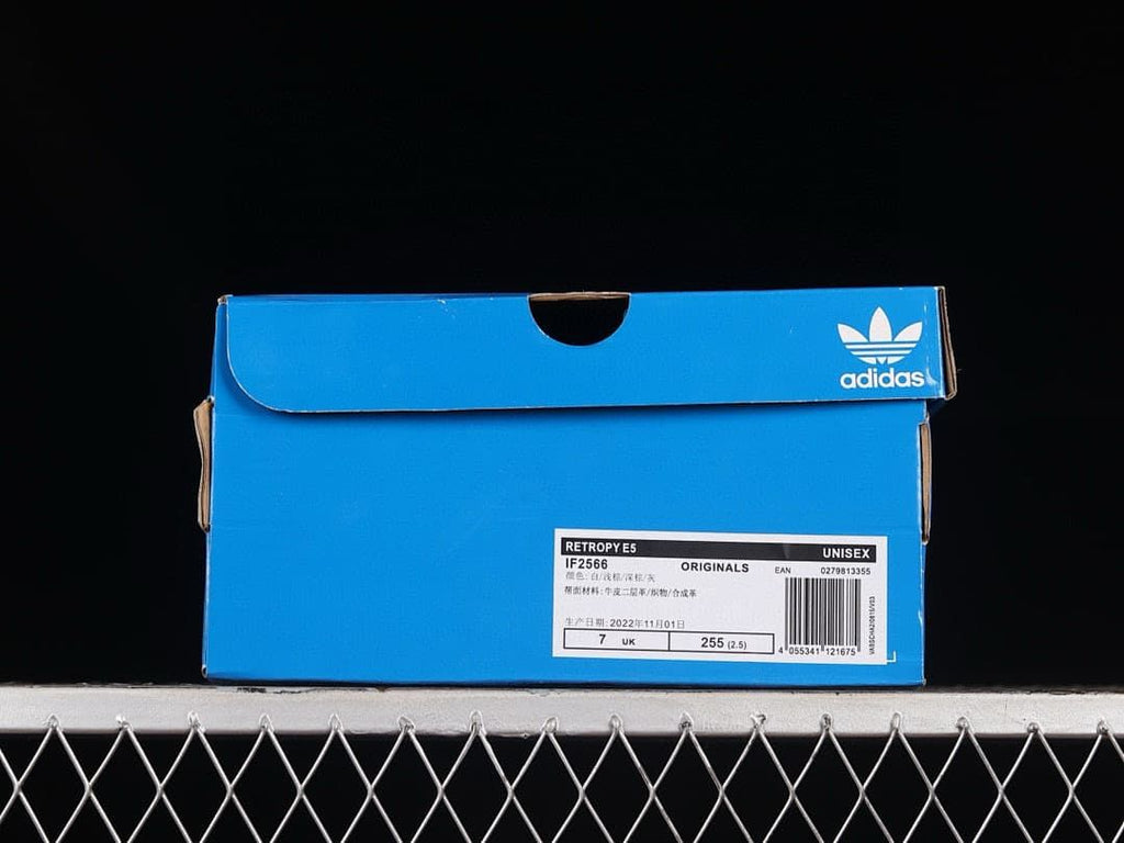 Adidas Retropy E5 shoe box label showing model IF2566 and sample sizing