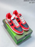 Pair of red, navy, and off-white low-top sneakers on a green shoe box; image overlay shows the size range 36–45.5.