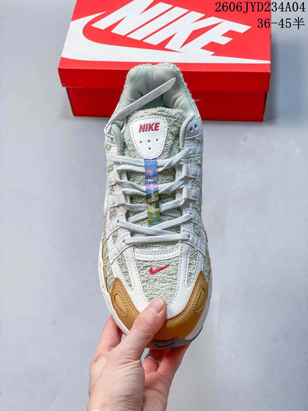 Front view of the Nike P-6000 showing its laces, tongue, and contrasting toe overlays.