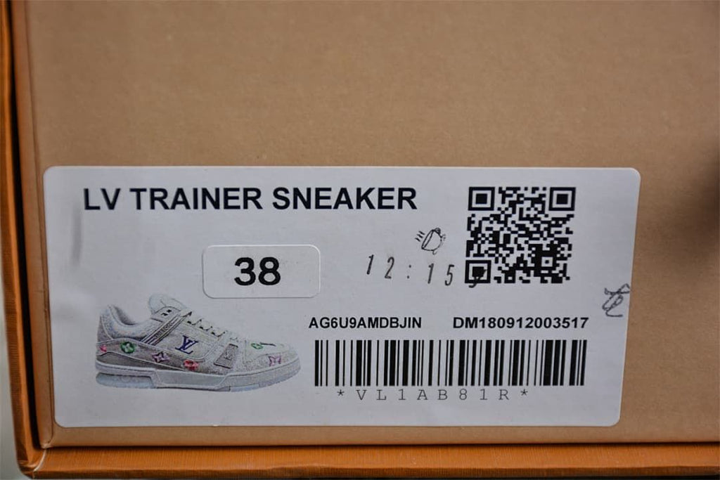 Shoebox label reading LV Trainer Sneaker and showing size 38