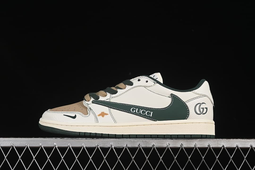Side view of an off-white low-top sneaker with a brown toe panel and dark green side panel and outsole.