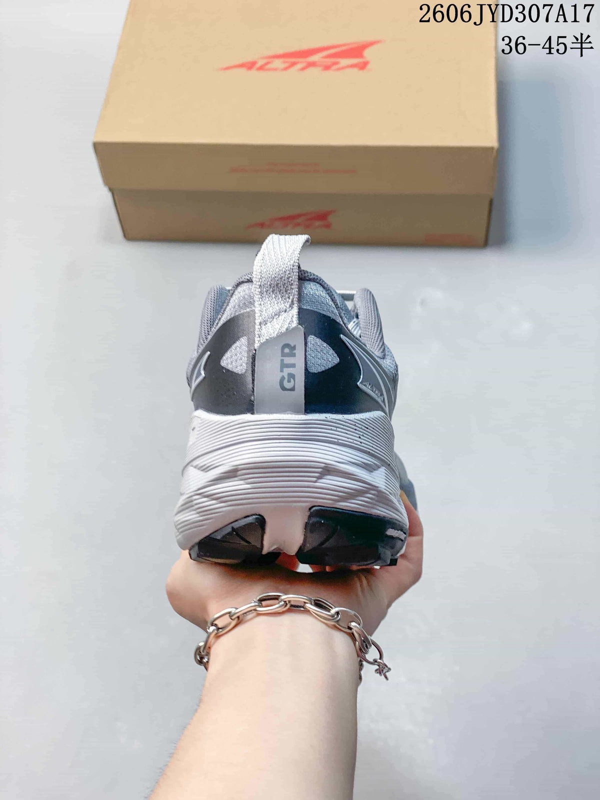 Rear view of a gray Altra running shoe showing the heel pull tab and midsole