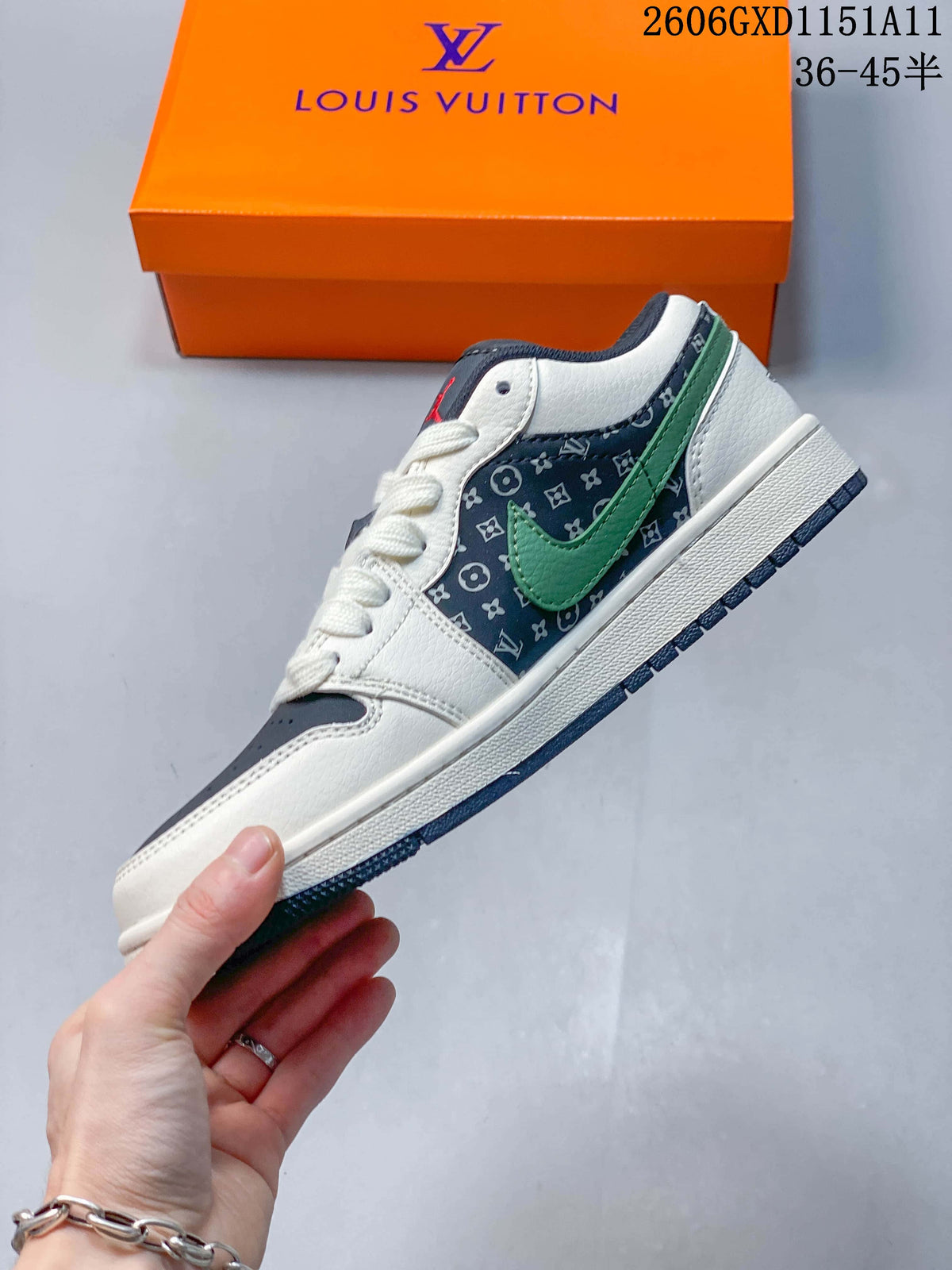 Side view of the sneaker with green side logo and patterned navy panel.