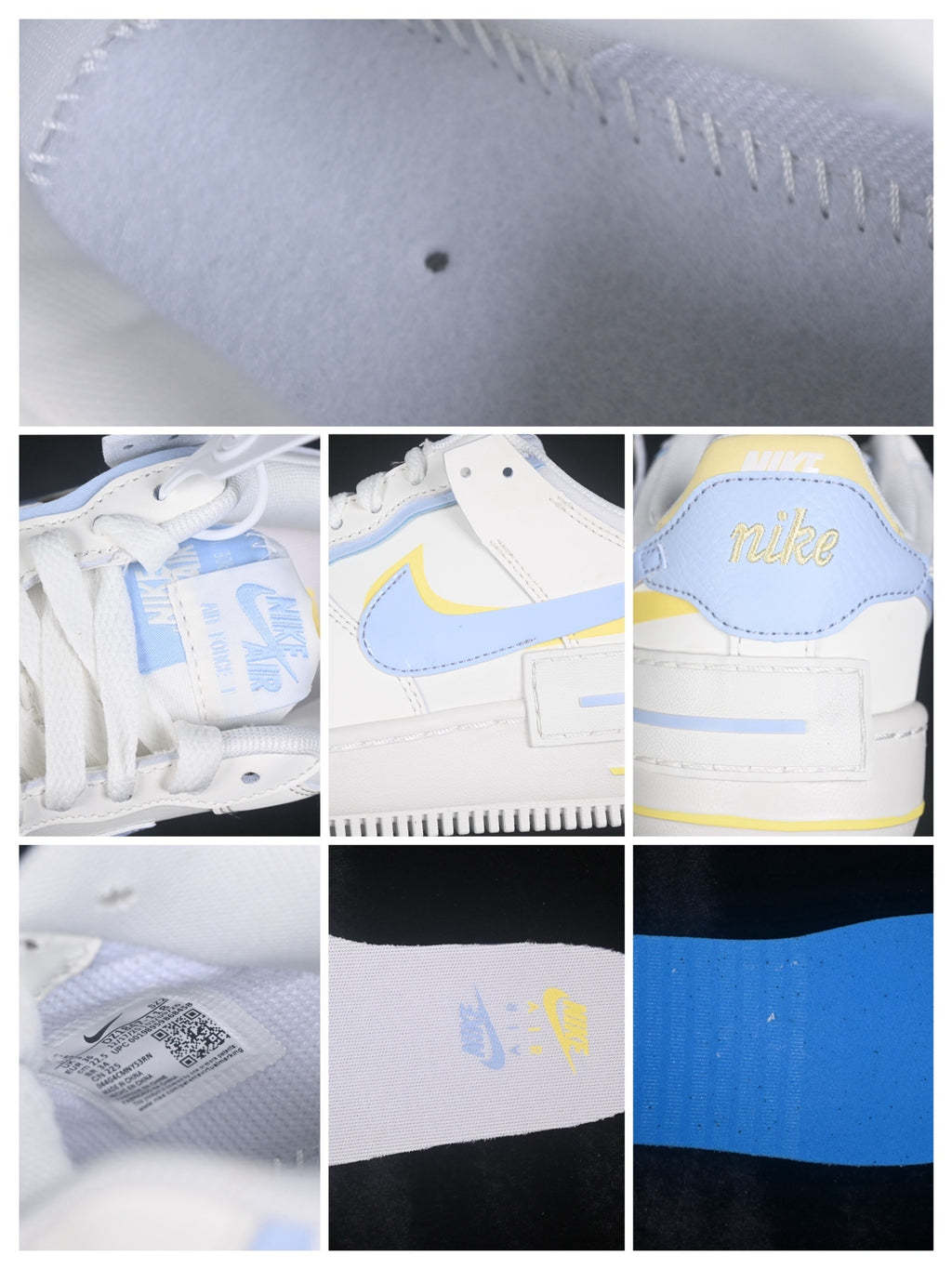 Close-up collage showing the sneaker stitching, tongue branding, heel embroidery, interior label, and colored textile details.