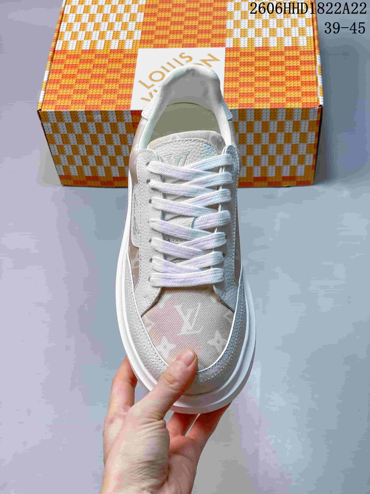 Top view of the sneaker showing its lace-up front and patterned toe panel