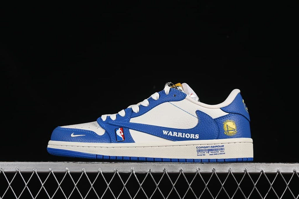 Side view of a white and blue low-top sneaker with Warriors graphics and an NBA logo detail