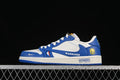 Side view of a white and blue low-top sneaker with Warriors graphics and an NBA logo detail