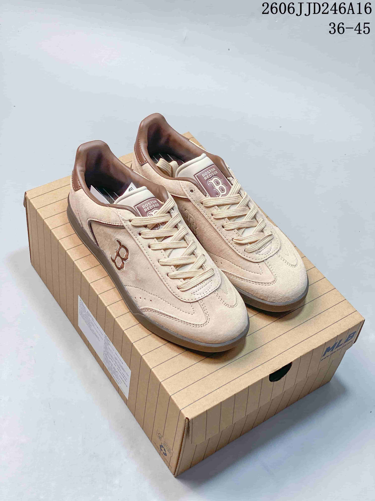 Beige Boston Red Sox low-top sneakers with brown accents, shown as a pair.