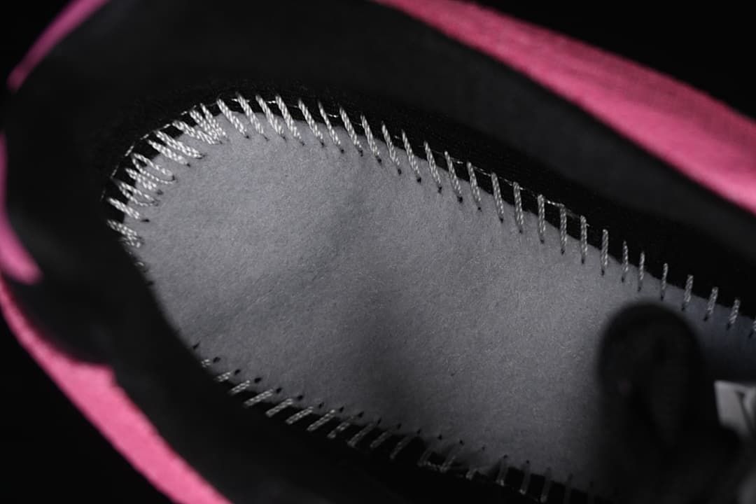 Close-up of the shoe's interior lining and stitched panel