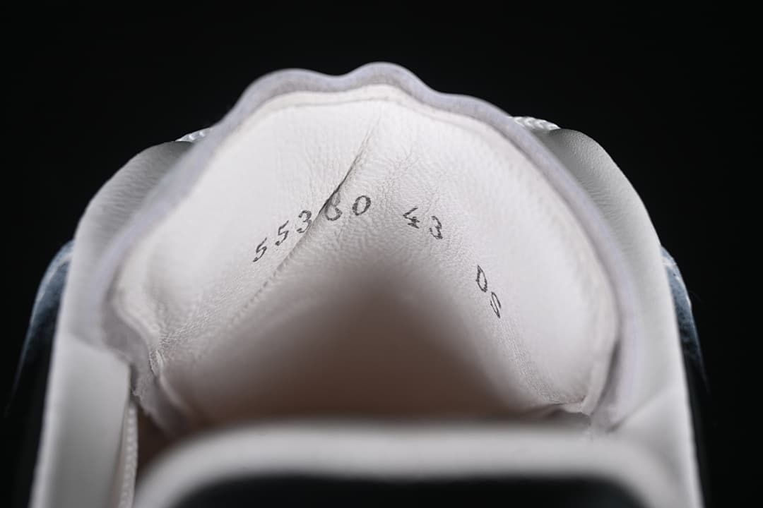 Close-up of the tongue with printed size and production markings