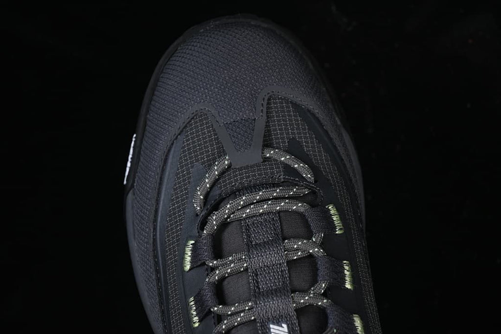 Top-down close-up of the shoe toe and lacing