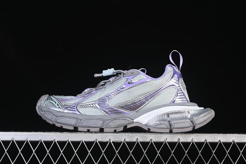 Side view of the aqua, lilac and grey Balenciaga Phantom sneaker