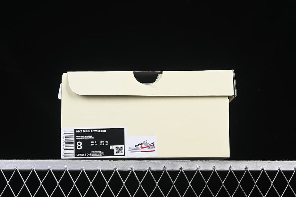 Shoebox label identifying Nike Dunk Low Retro, style DM6868-045, and size EU 41
