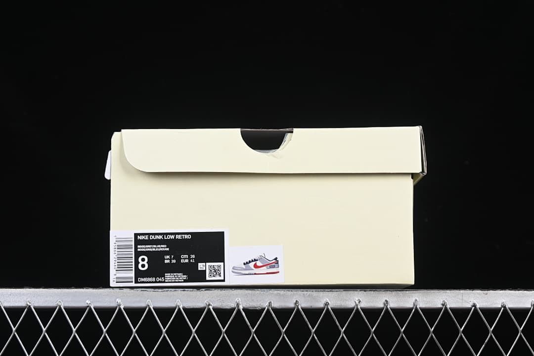 Shoebox label identifying Nike Dunk Low Retro, style DM6868-045, and size EU 41