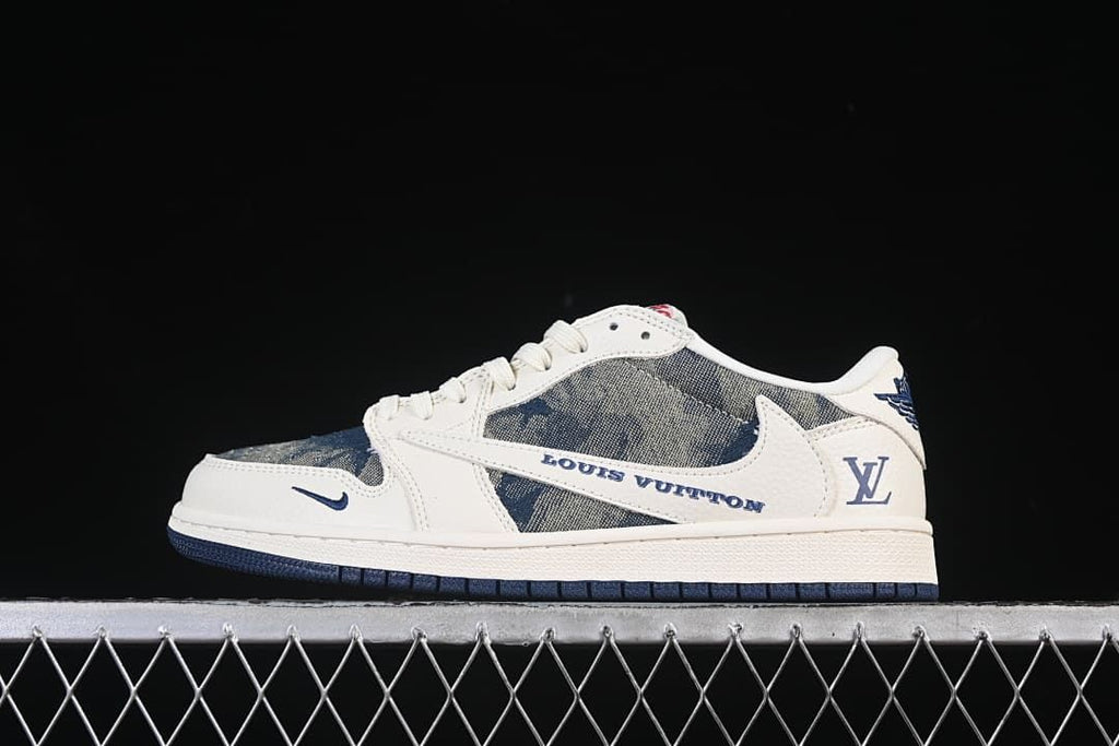Side view of a low-top sneaker with off-white panels, blue patterned sections, and a dark outsole.