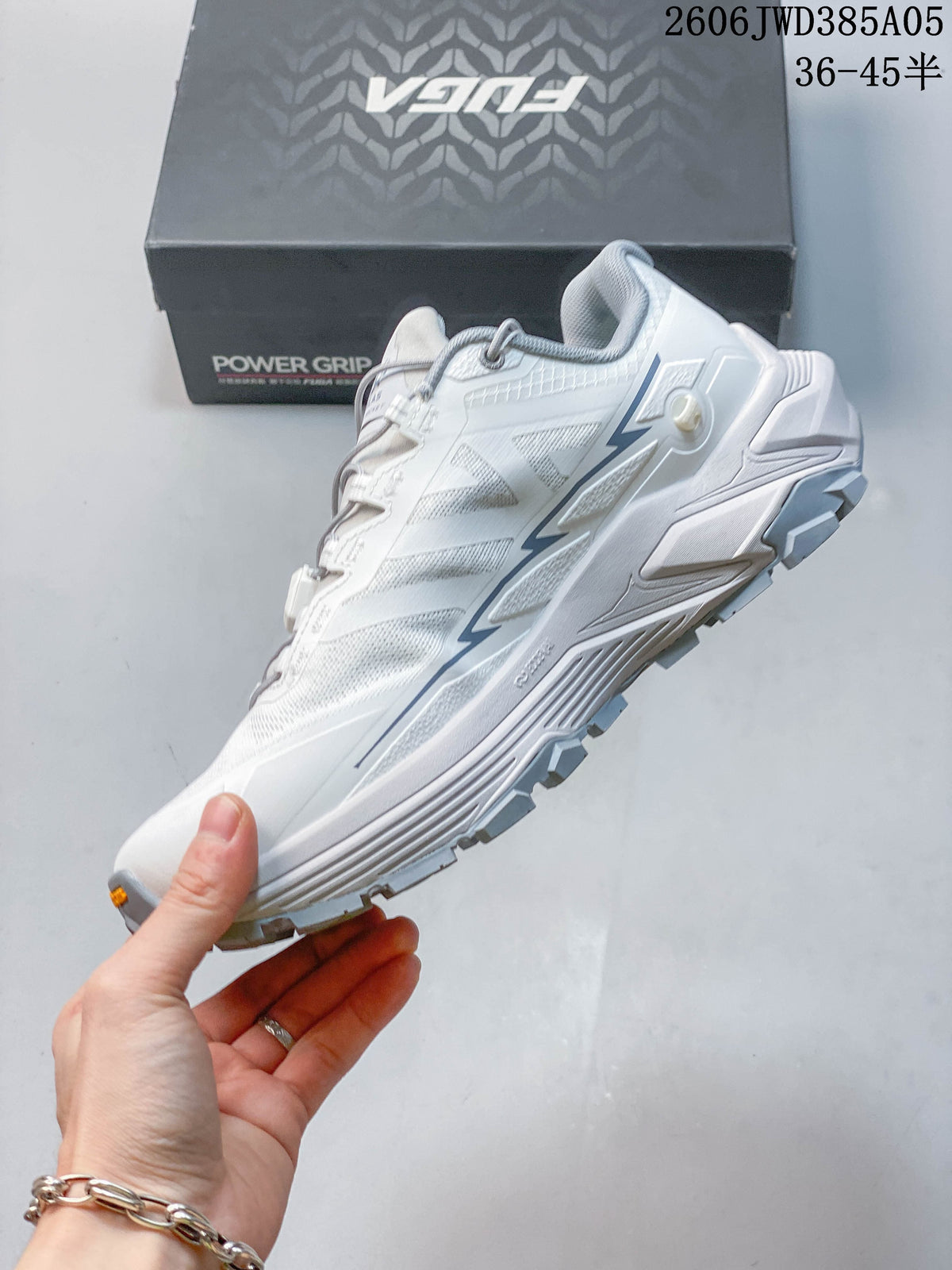 Side view of the white and gray Kailas Fuga Ex3 trail shoe