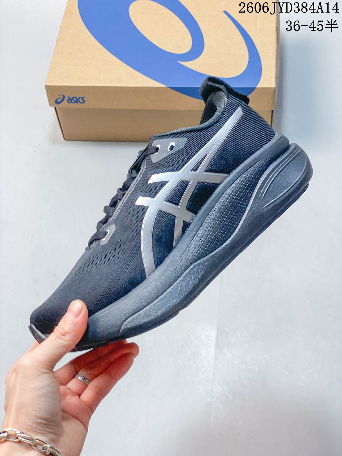 Side view of a dark navy ASICS GEL-KAYANO 33 shoe with silver stripes