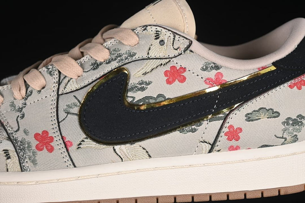 Close-up of the floral side panels and dark Swoosh