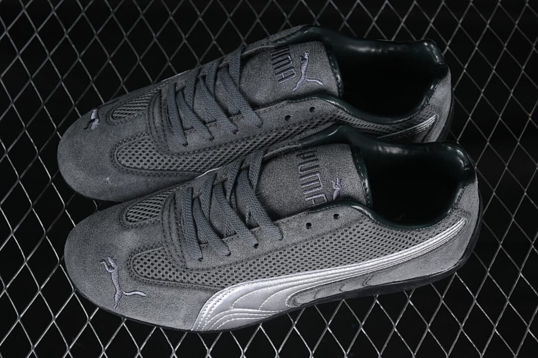 Pair of gray Puma Speedcat sneakers viewed from above