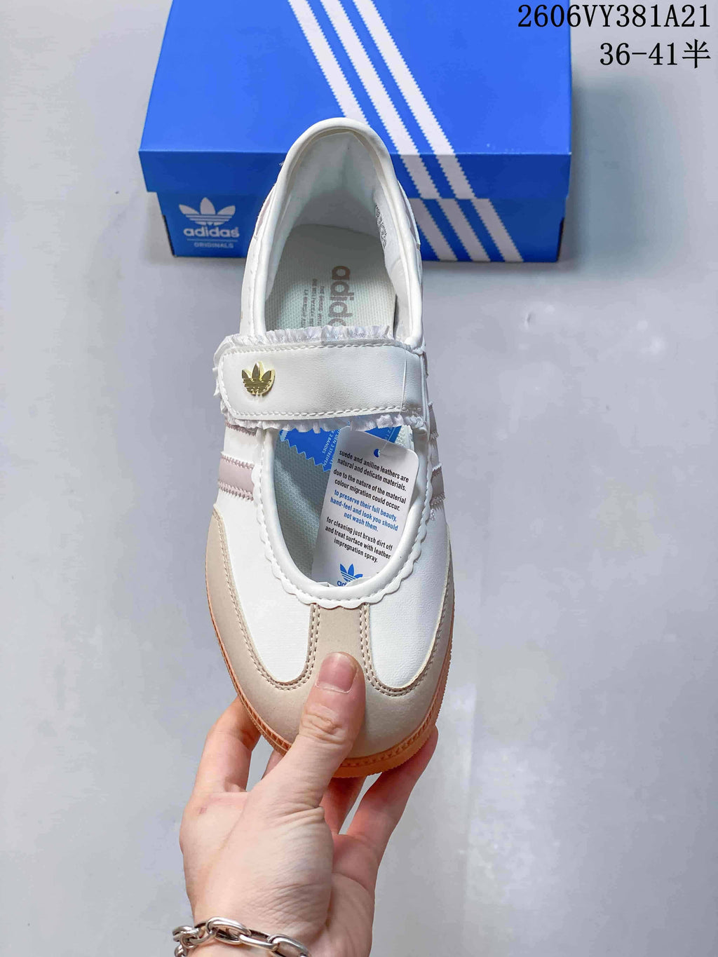 Top view showing the instep strap and contrasting toe panels