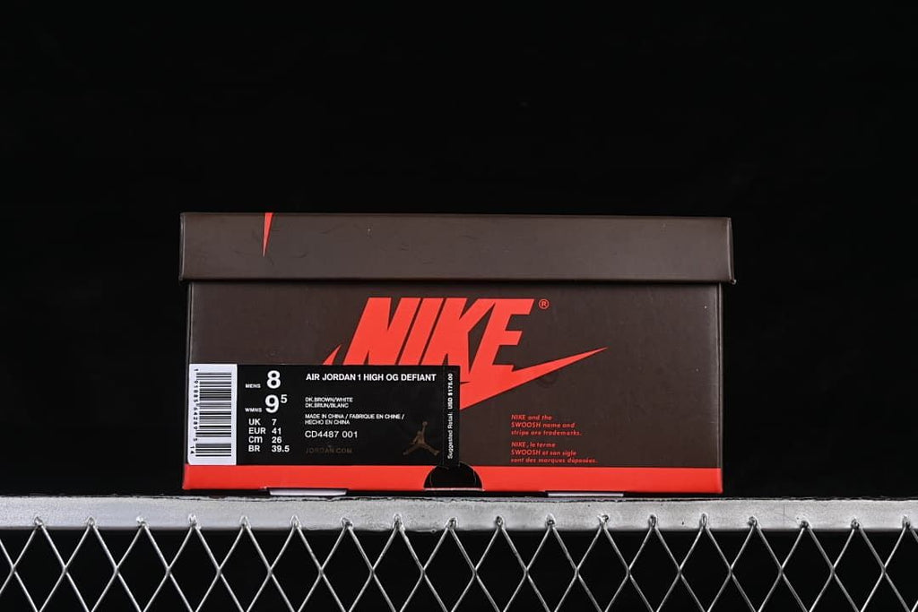 Shoe box label showing Air Jordan 1 High OG Defiant, CD4487-001, and EU 41