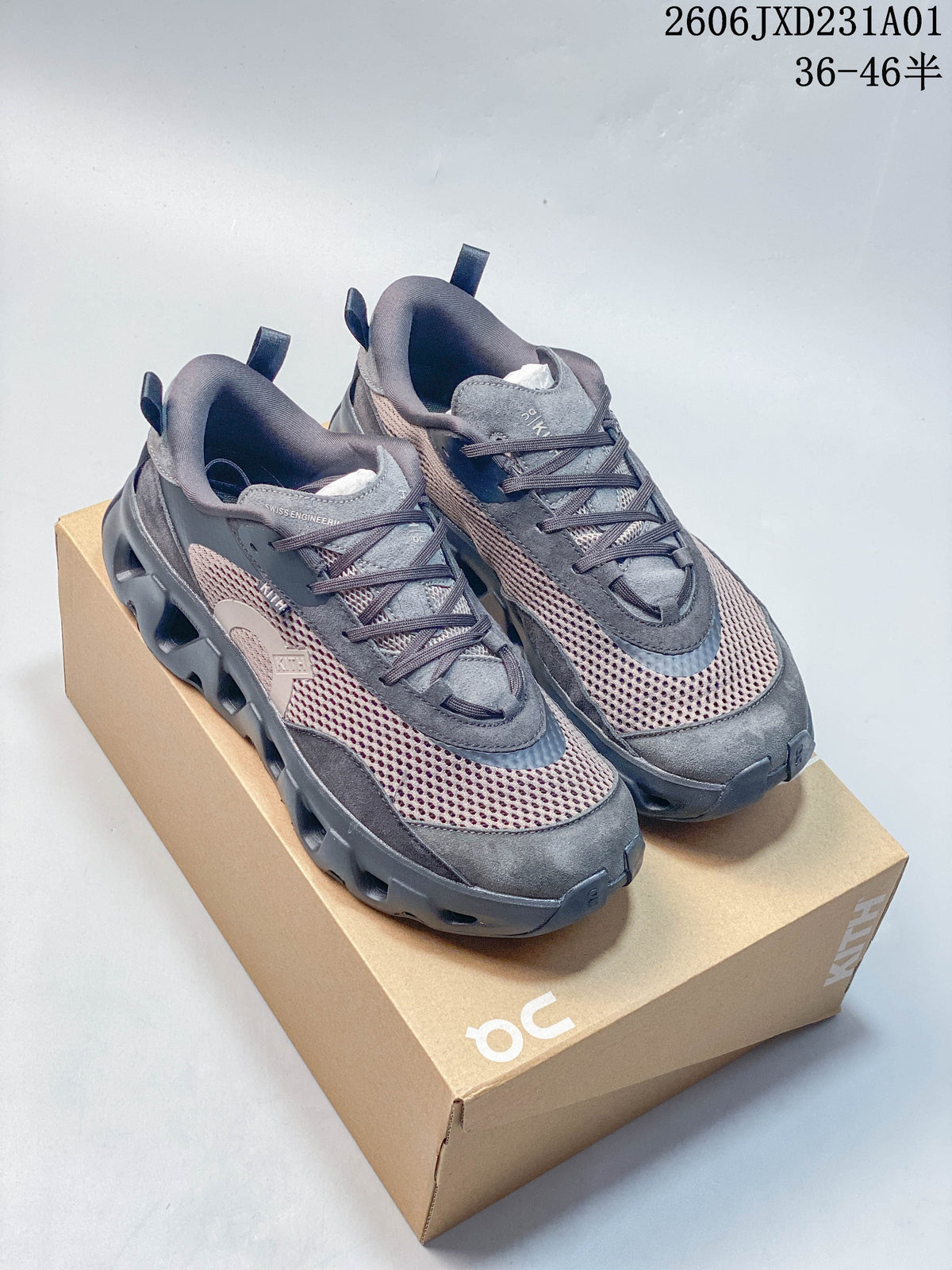 Pair of brown and gray On x Kith K-Tech 2 sneakers shown from above and at an angle