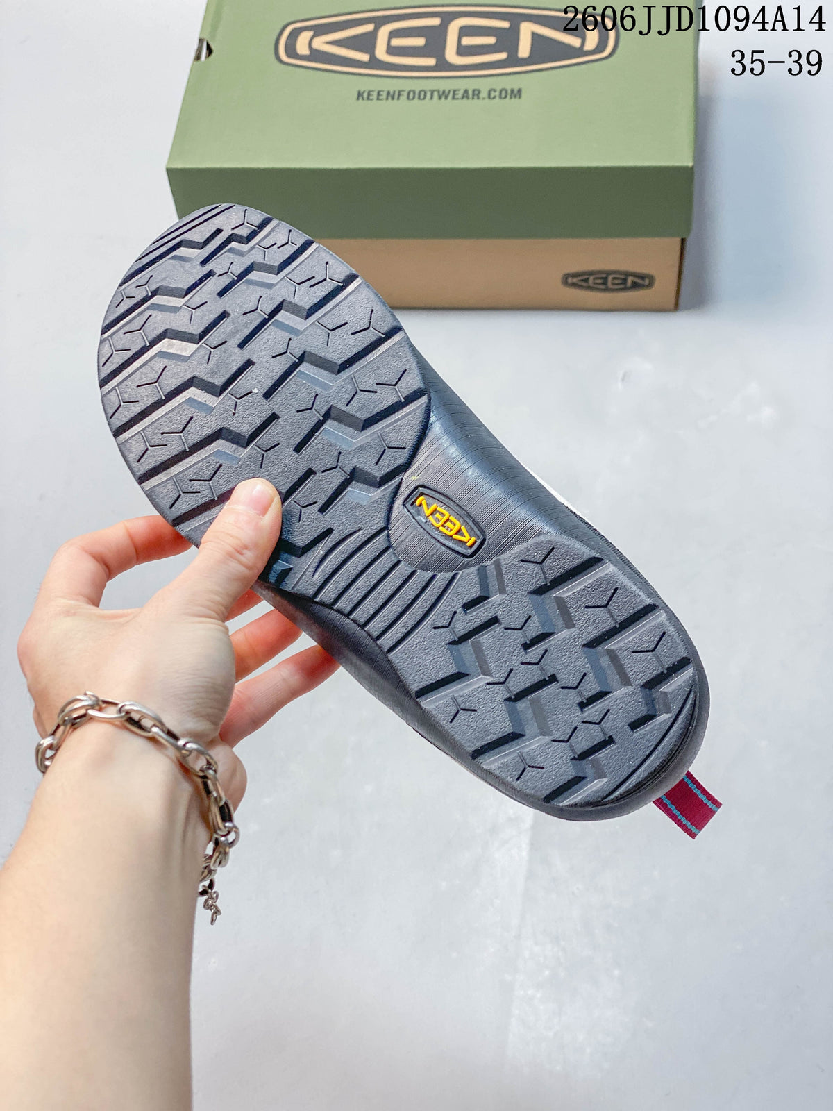 Close-up of the dark patterned outsole on a KEEN Jasper sneaker