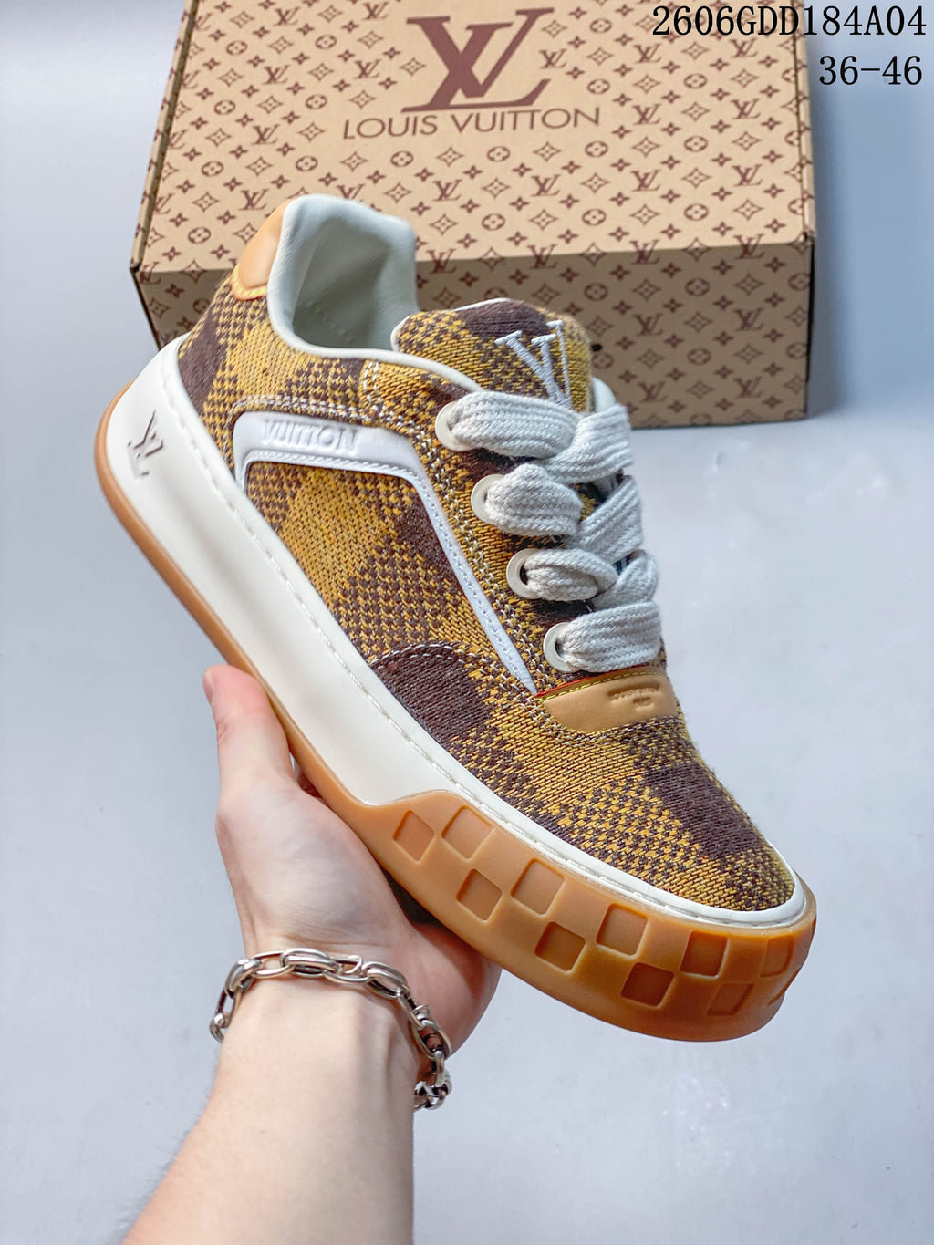 Angled side view of the sneaker showing the check pattern and contrasting sole