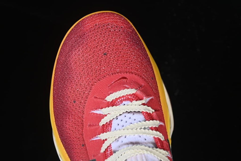 Top view of the red toe and lace area