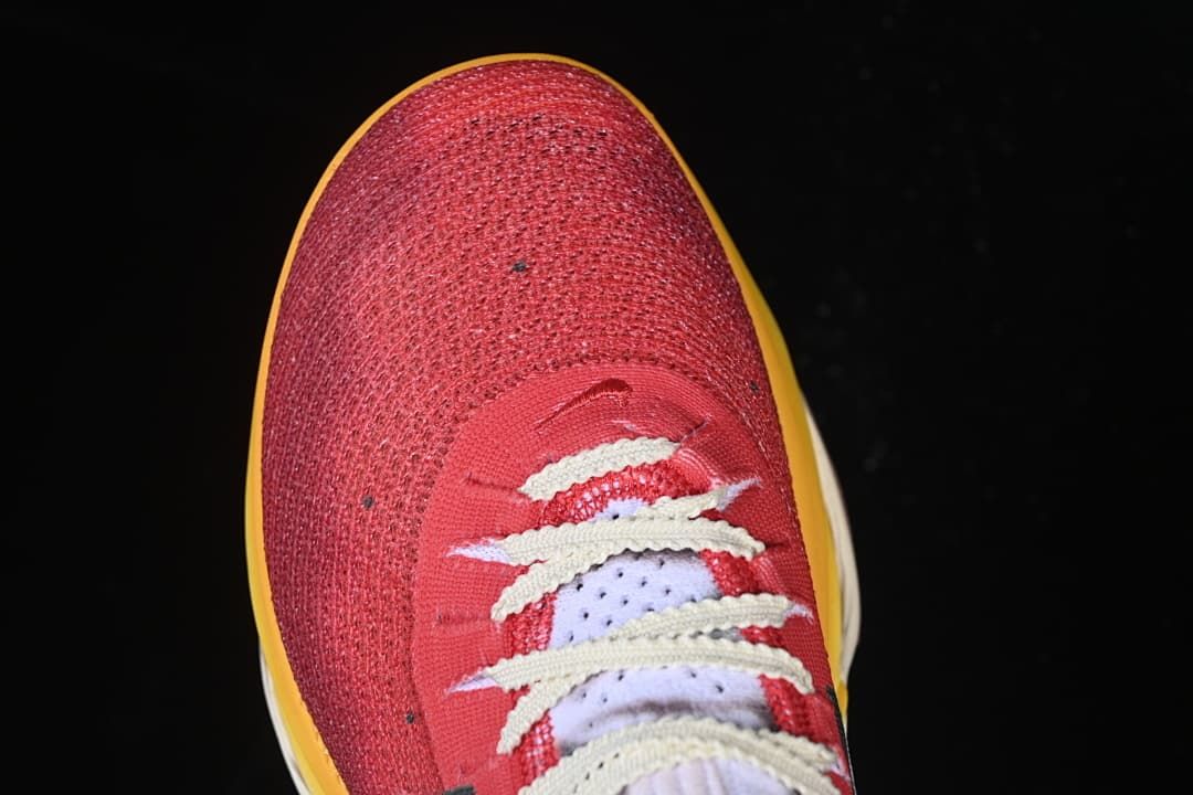 Top view of the red toe and lace area