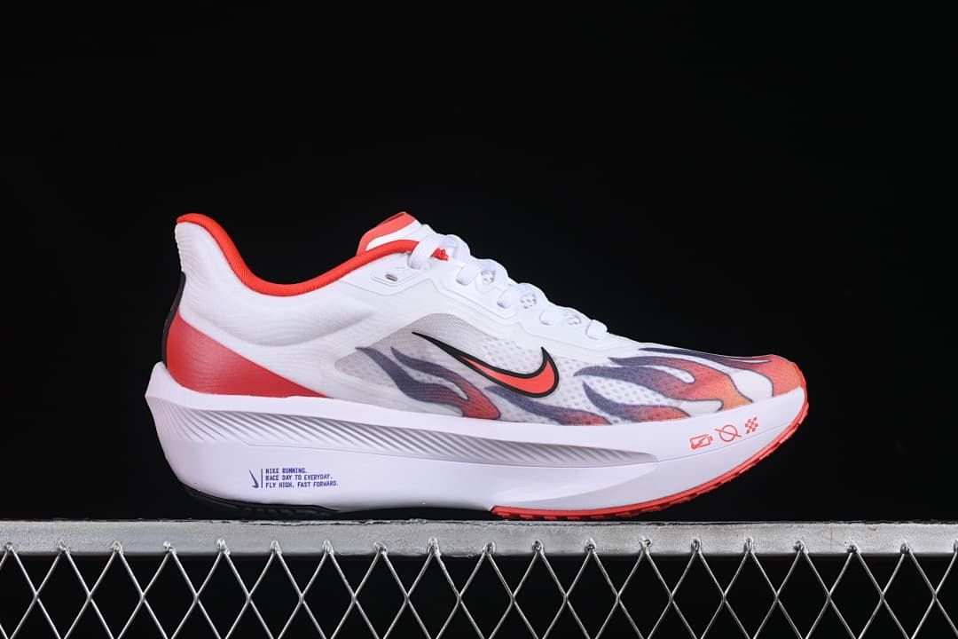 Side profile of the shoe with graphic upper and sculpted midsole