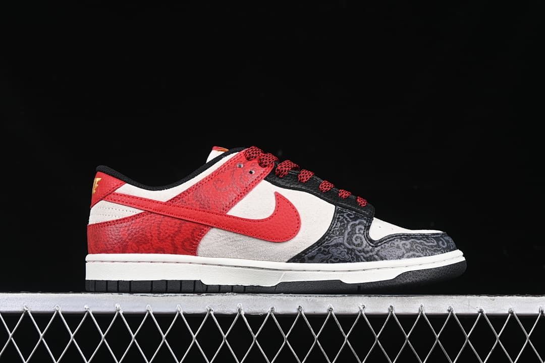 Side profile showing red, black, and off-white panels with patterned overlays