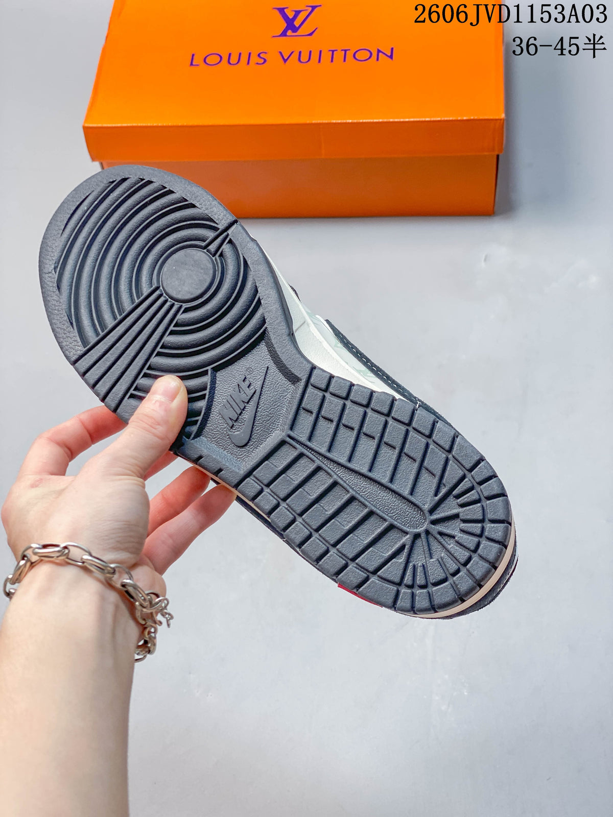 Close-up of the sneaker's dark treaded outsole